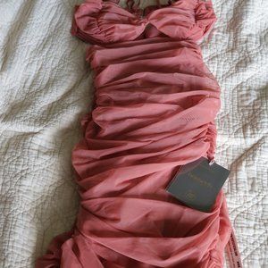 HOUSE OF CB TIBI ROSE CUTOUT RUCHED MIDI DRESS - SMALL